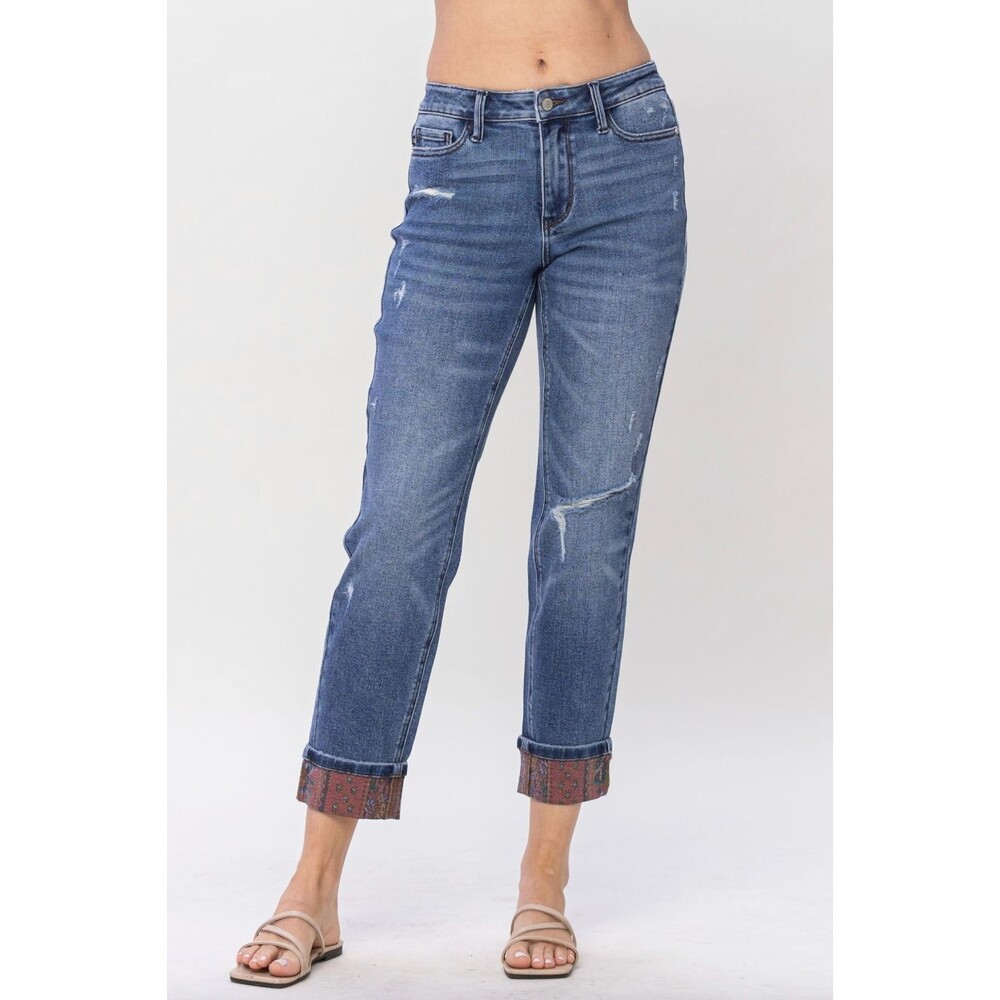Judy Blue 88574 Midrise Paisley Cuff Boyfriend Jean Size 0